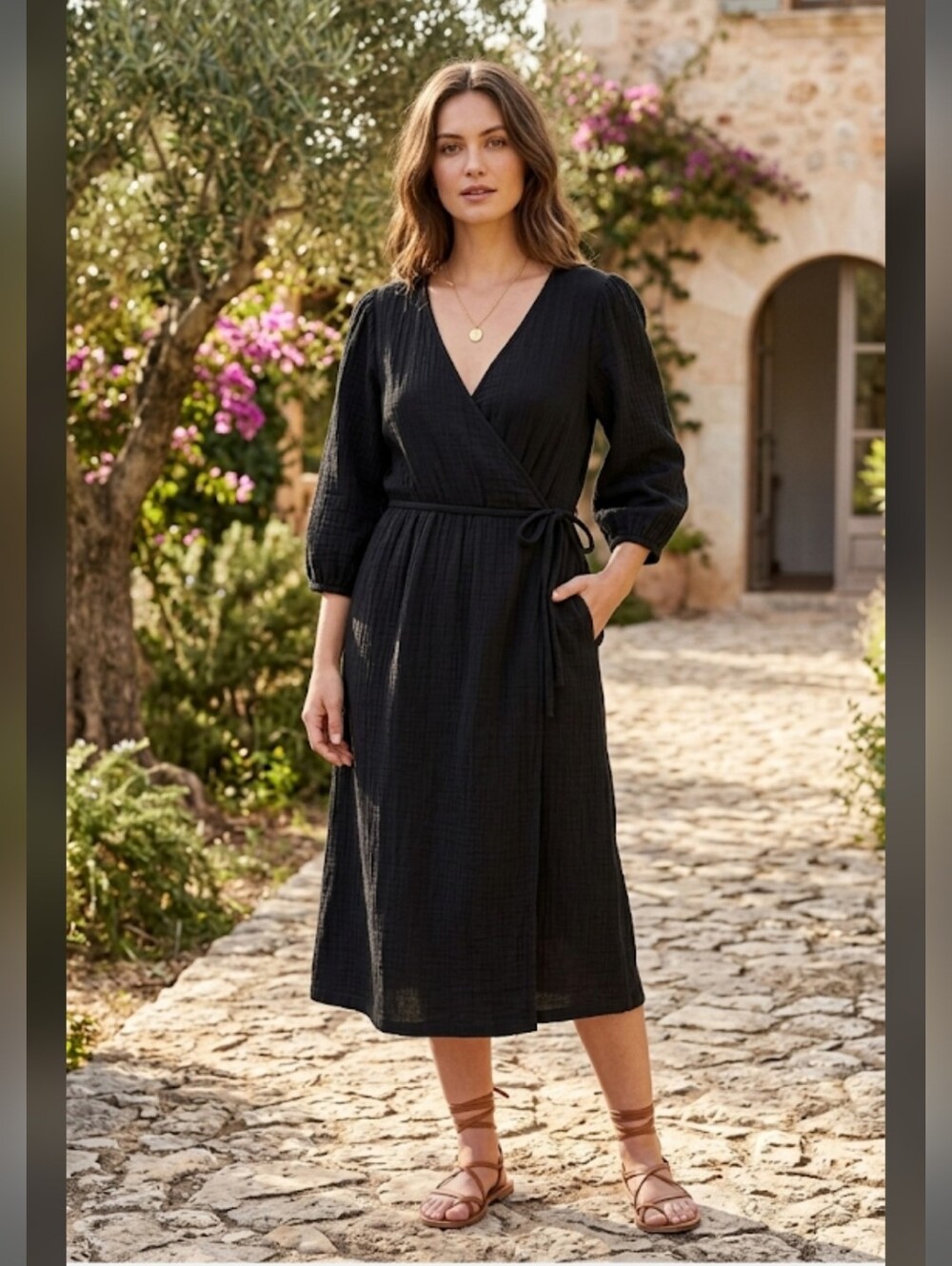 Hema Elegant Cotton Black Textured Fabric Wrap Midi  Dress With Pockets Size L
